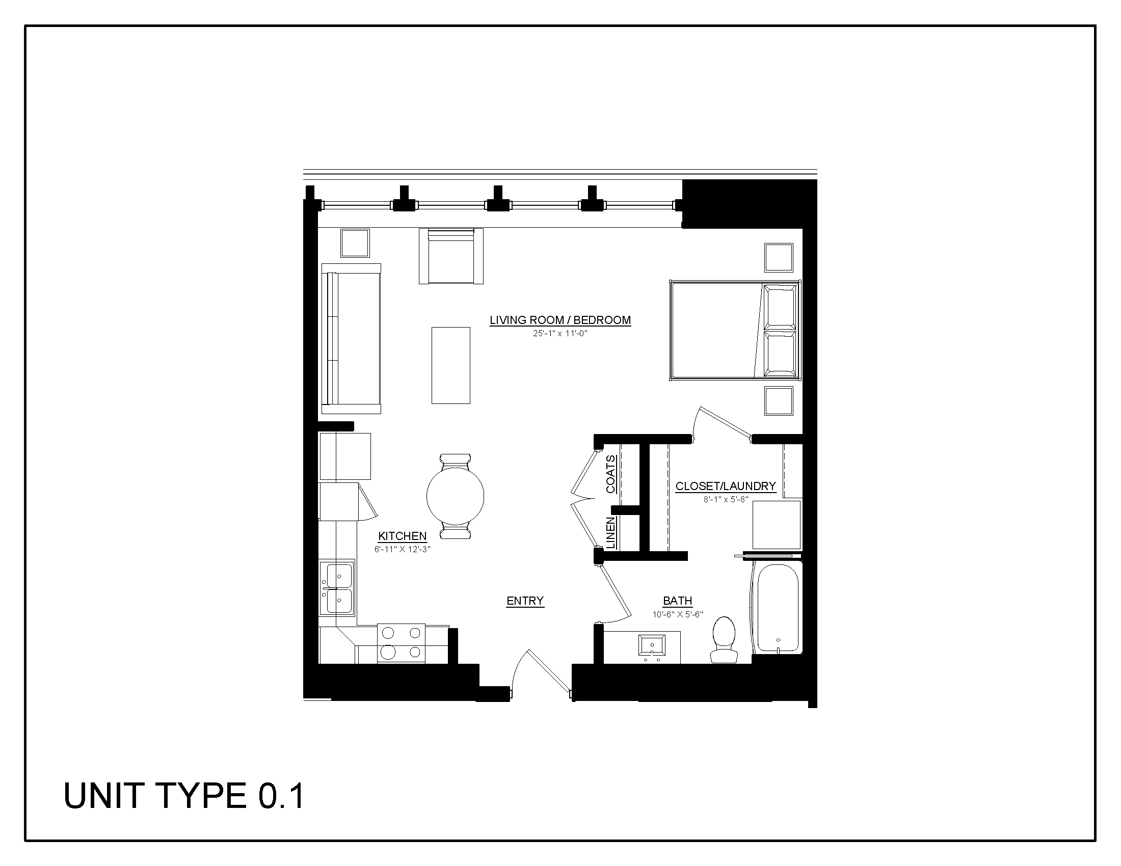 Floor plan for studio, 1 bath, 585 sqft